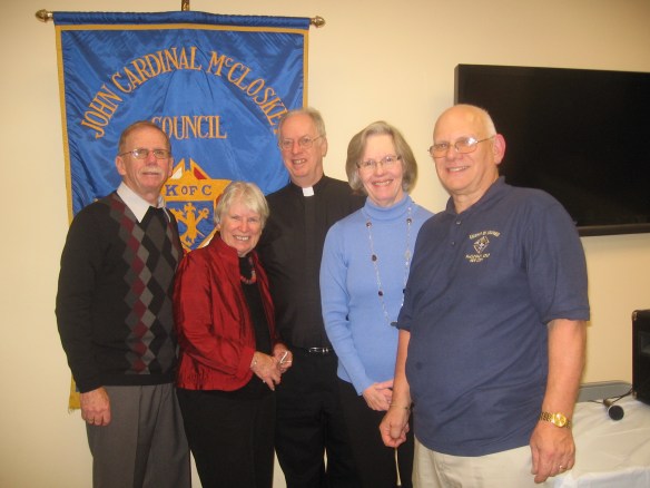 Hugh Delargy, District Deputy, Mary Loftus, Rockland RTL treasurer, Msgr. Edward Weber, McCloskey Council chaplain, Liz O'Brien, Rockland RTL chairman, and Arthur Saladino, Grand Knight