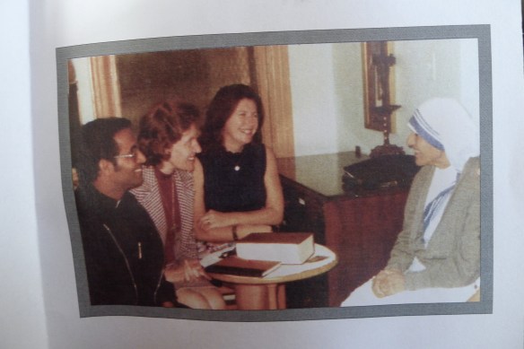 Fr. Joseph, Cathy Baker, and Jeanmarie Grahn meet Mother Theresa in 1975.
